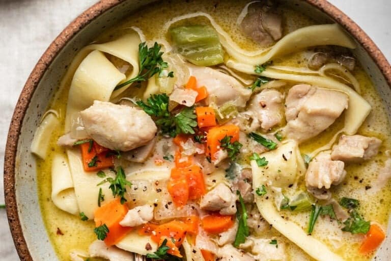 Chicken noodle soup recipe in a bowl.
