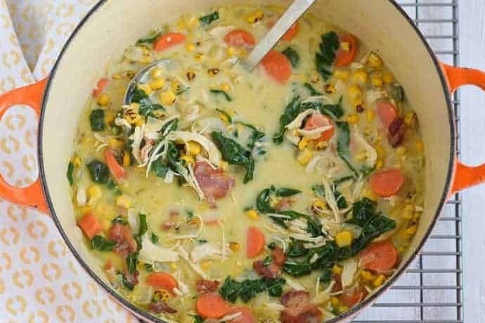 Creamy chicken soup in a bowl.