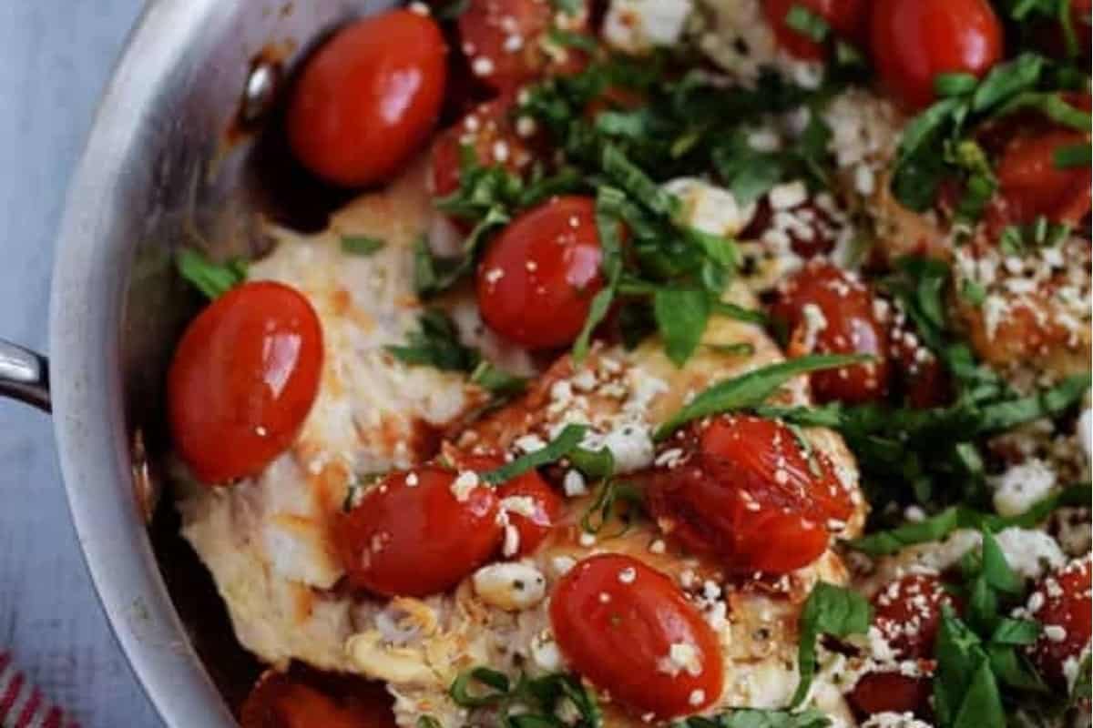 Balsamic chicken with cherry tomatoes.