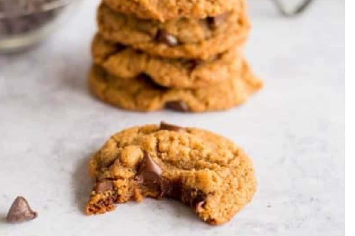five ingredient chocolate chip cookies stacked up.