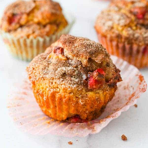 Fluffy Gluten Free Strawberry Muffins with cupcake liner.