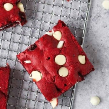 red velvet brownies on a rack.