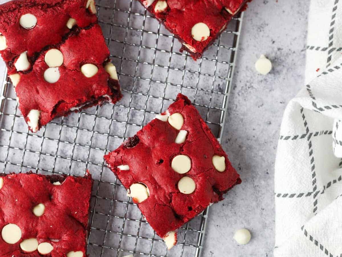 Fudgy red velvet cake mix brownies with white chocolate chips.