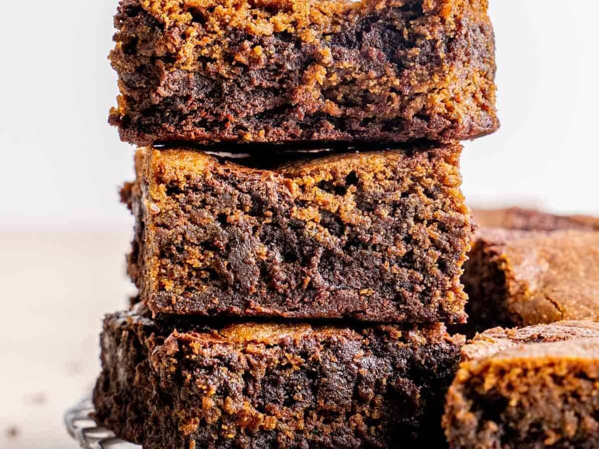 Gingerbread brownies stacked on top of each other.
