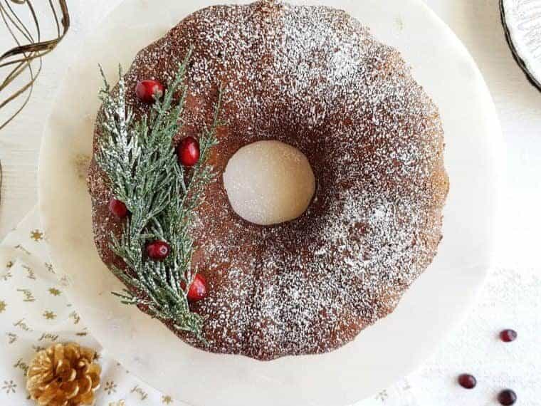 Gingerbread Bundt Cake with festive decor.