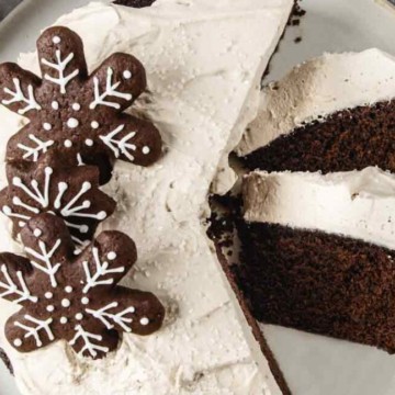 A slice of chocolate cake on a plate with a cup of coffee, perfect for indulging in during the Christmas season.