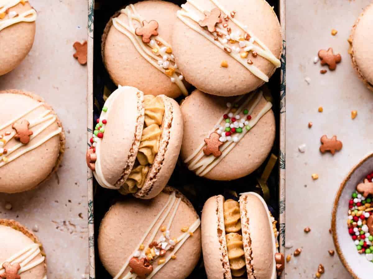 Gingerbread Macarons in a box.