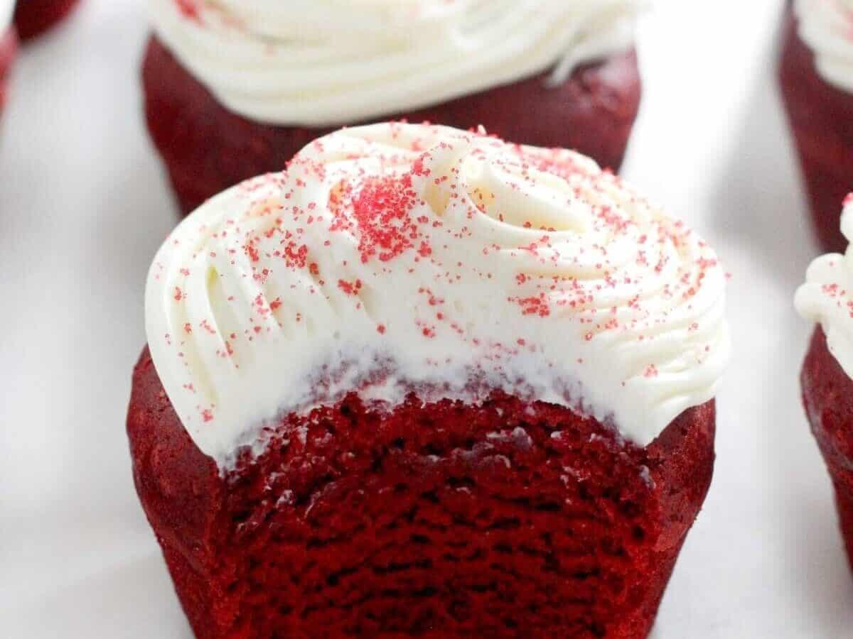 Gluten-free red velvet cupcakes with cream cheese frosting.