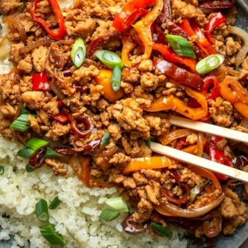 Kung pao chicken on a plate.