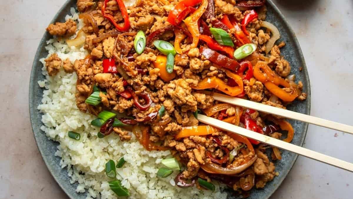 Kung pao chicken on a plate.