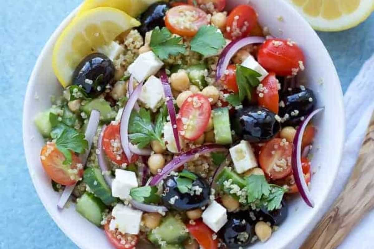 Greek salad in a bowl.