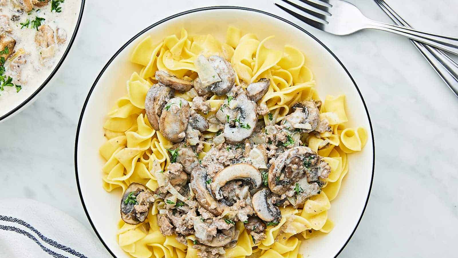 Beef stroganoff on noodles in a white bowl.