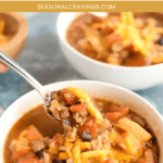 A spoonful of healthy turkey chili with black beans and tomatoes being lifted from a bowl topped with shredded cheese.