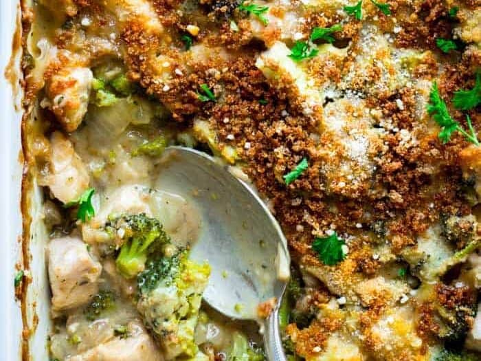 Healthy Chicken Divan – Classic Chicken & Broccoli Casserole with spoon. 