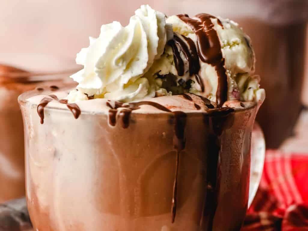 Hot chocolate floats with marshmallows and whipped cream.