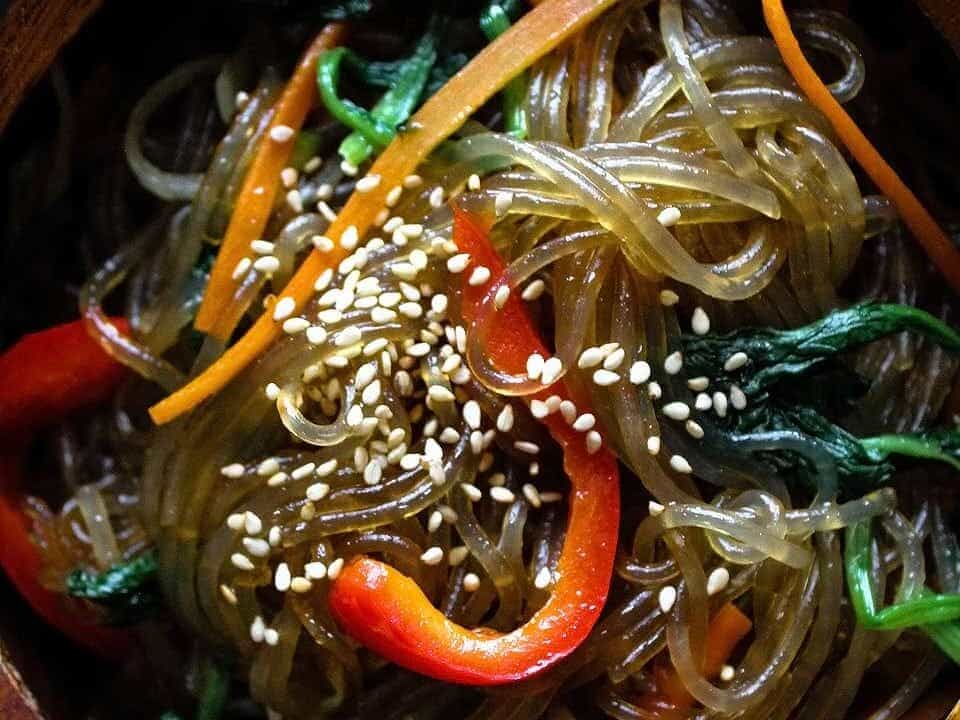 Easy japchae korean glass noodles stir fry.