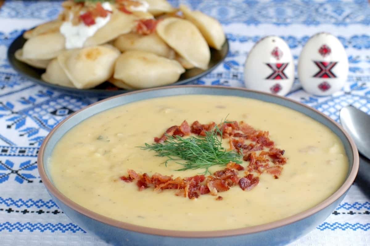 Pierogi Soup with bacon on top.