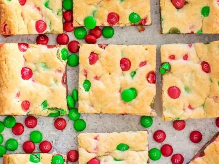 M&M Cookie Bars with green and red M&Ms.