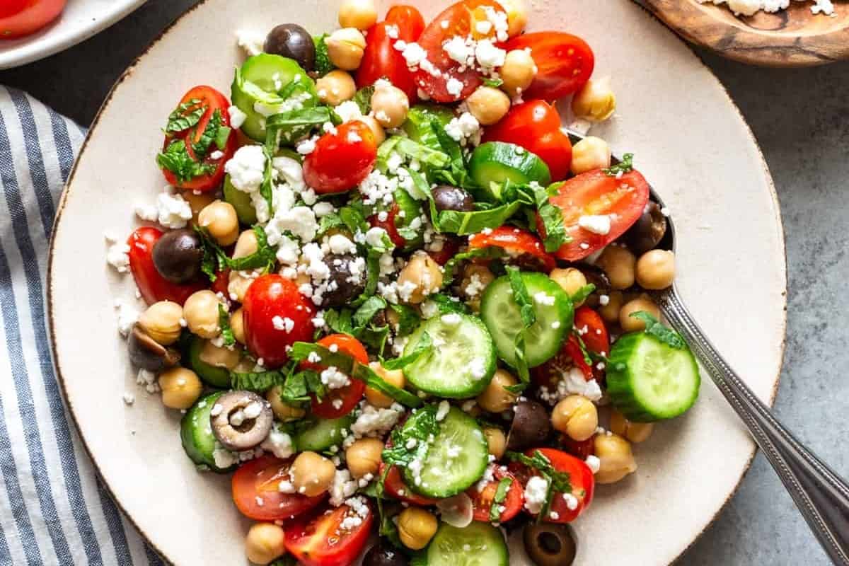 Chickpea salad on a plate.