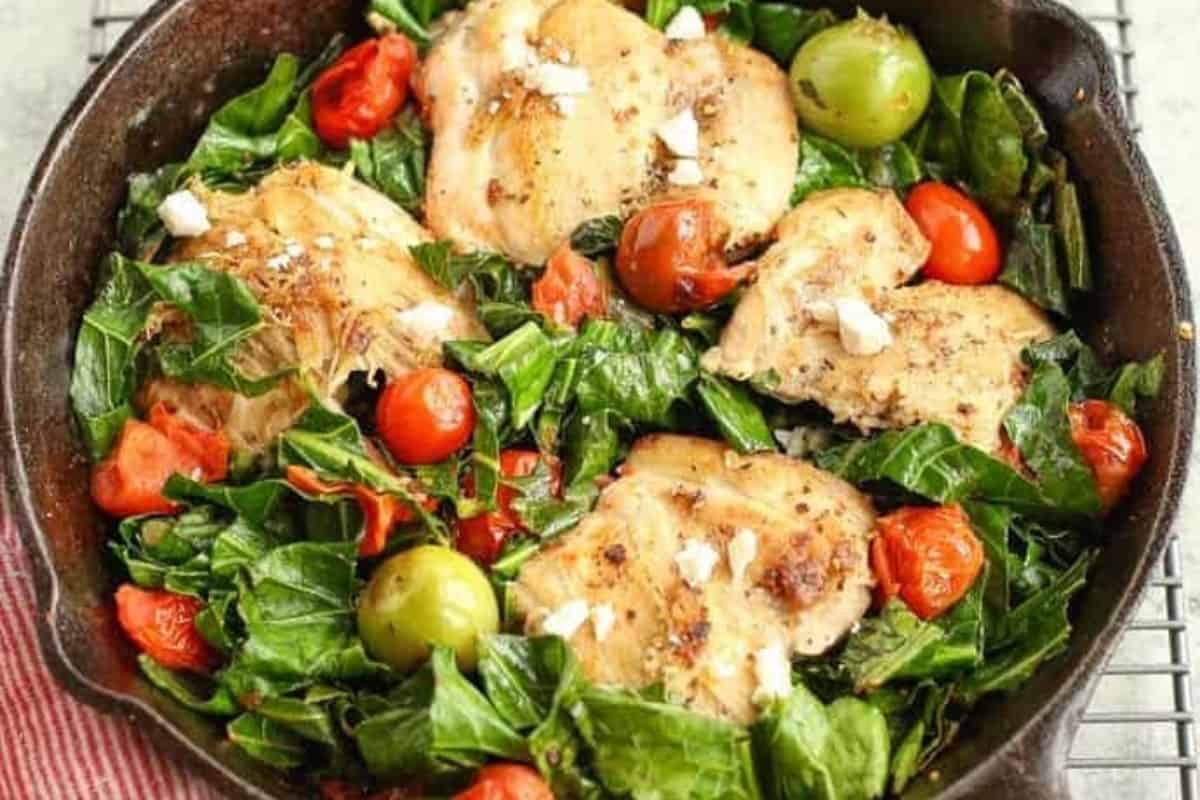 Skillet with greens in a pan.