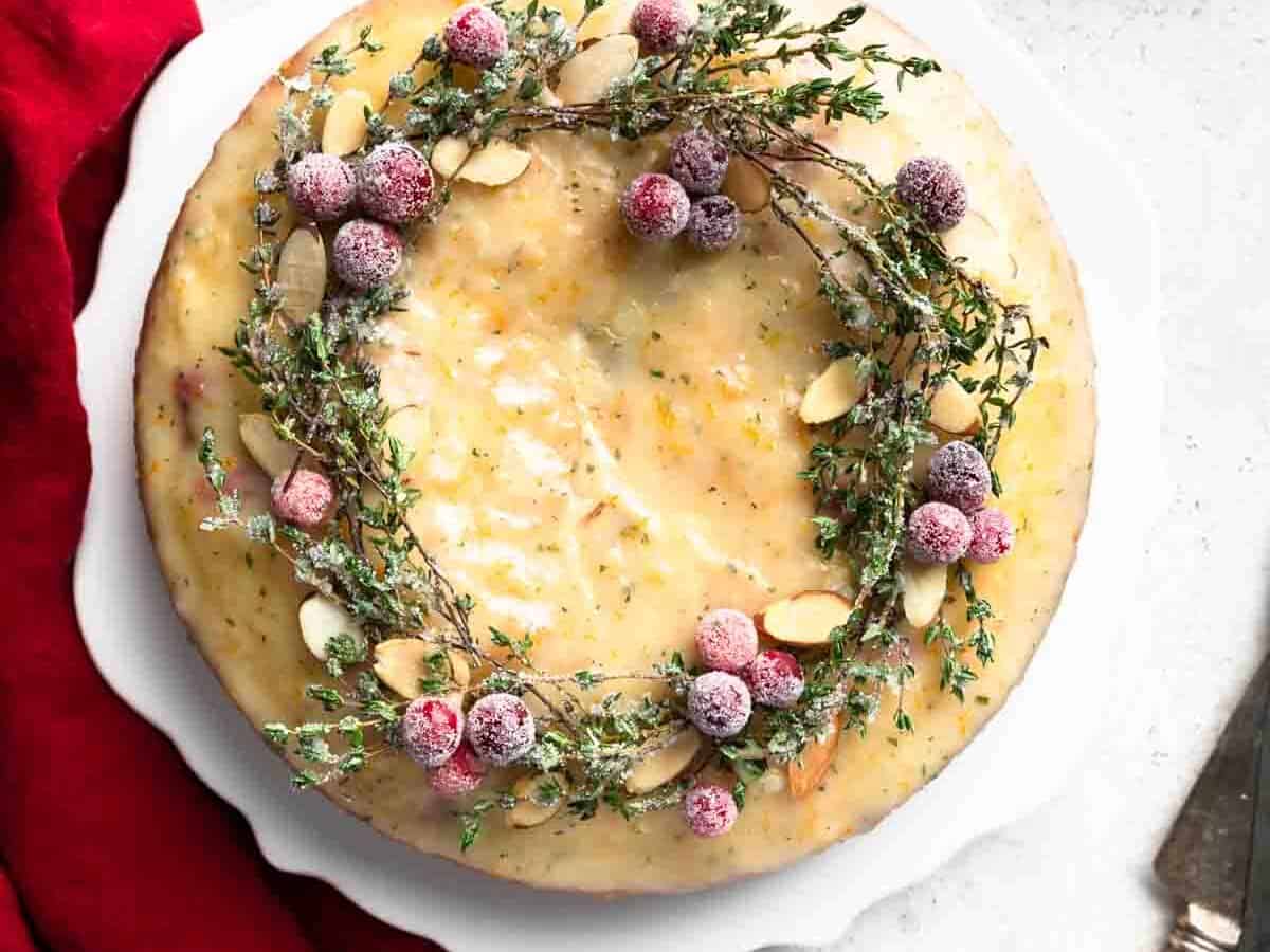 Orange Cranberry Christmas Cake with Sugared Cranberry Wreath.