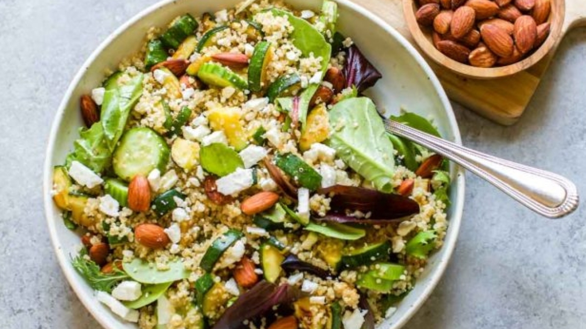 Quinoa with greens in a bowl.