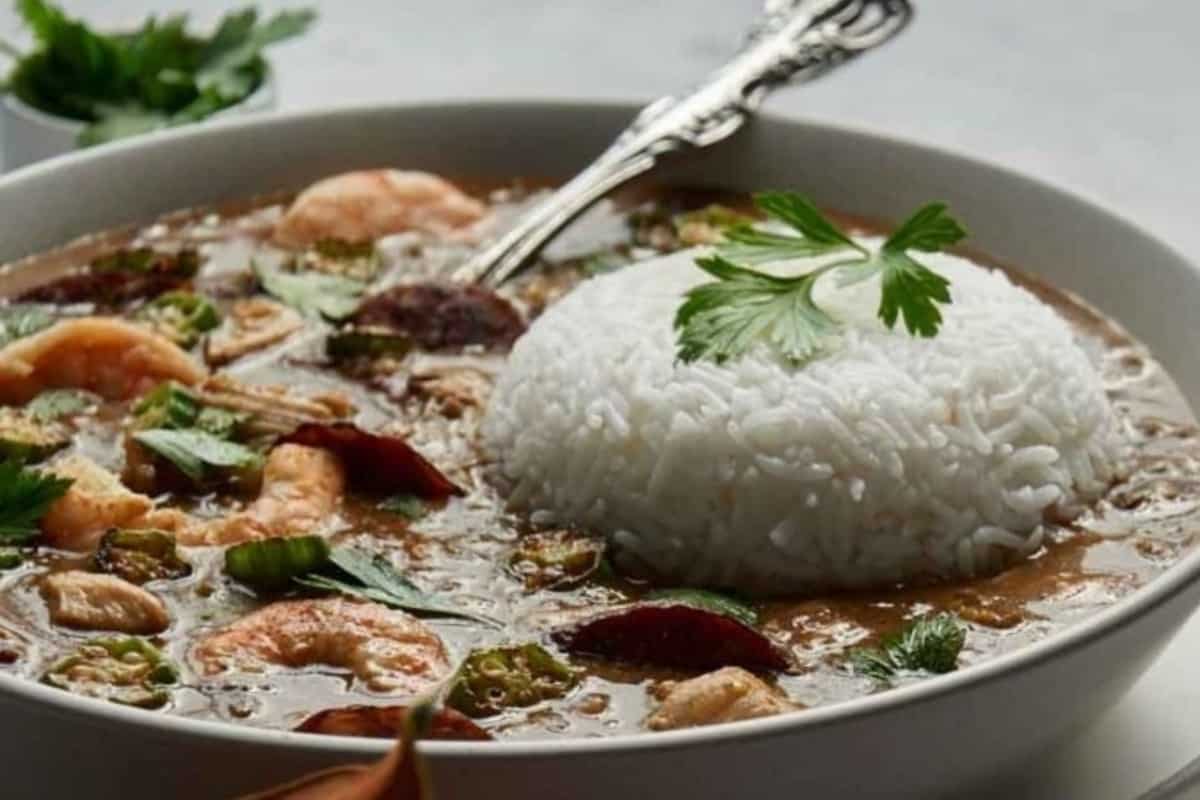 Seafood gumbo with rice.