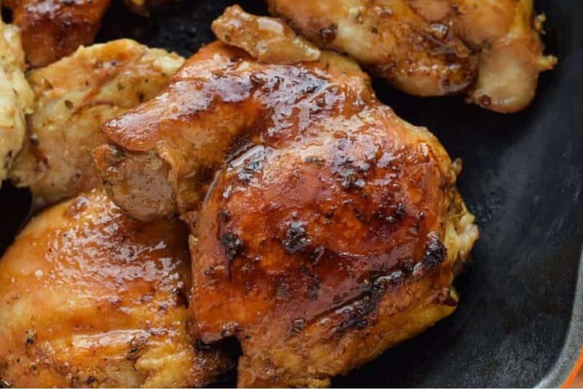 Shoyu chicken in a pan.