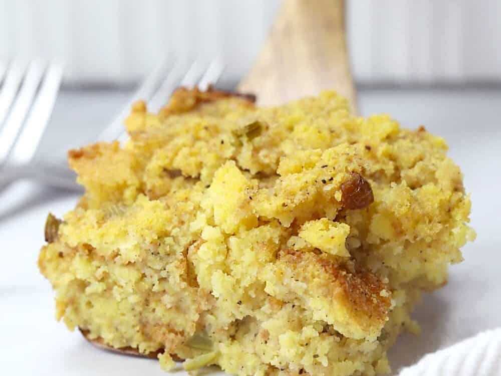 Southern Cornbread Dressing and wooden spoon. 