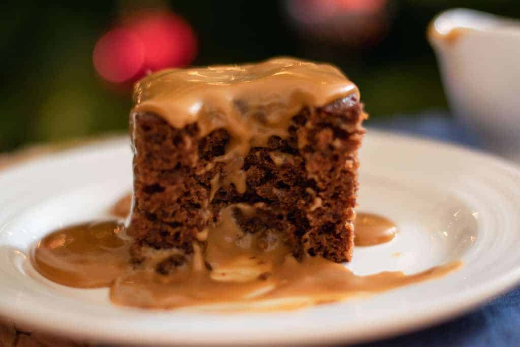 Sticky toffee pudding with lots of toffee sauce.