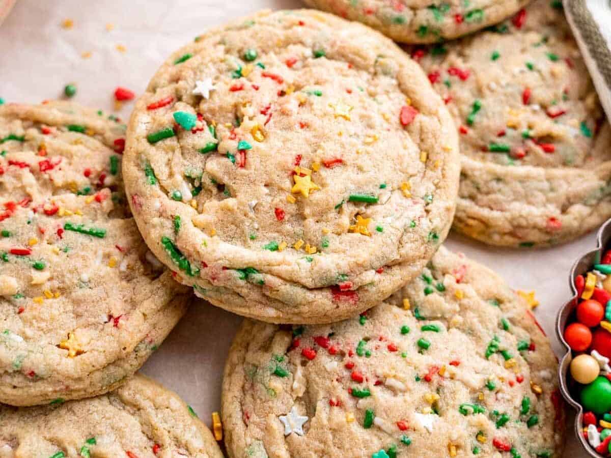 Sugar Cookies with festive green and red sprinkles.