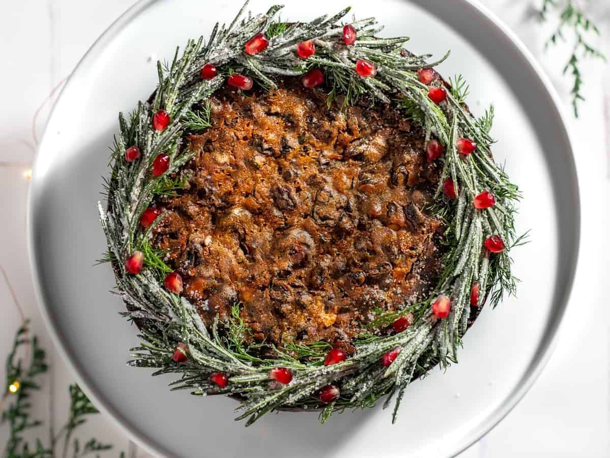 Traditional Fruit Cake on a serving dish. 