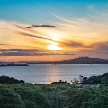 Sunset view from Waiheke Island to Rangitoto Island, Auckland New Zealand.