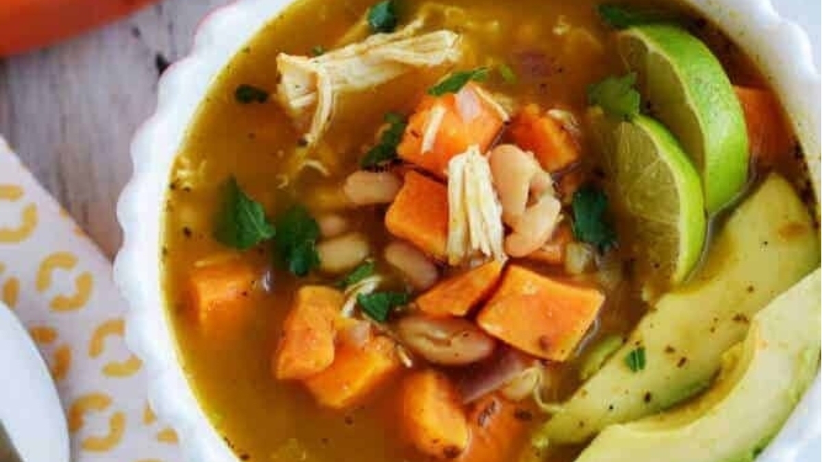 White chicken chili with chunks of sweet potatoes.