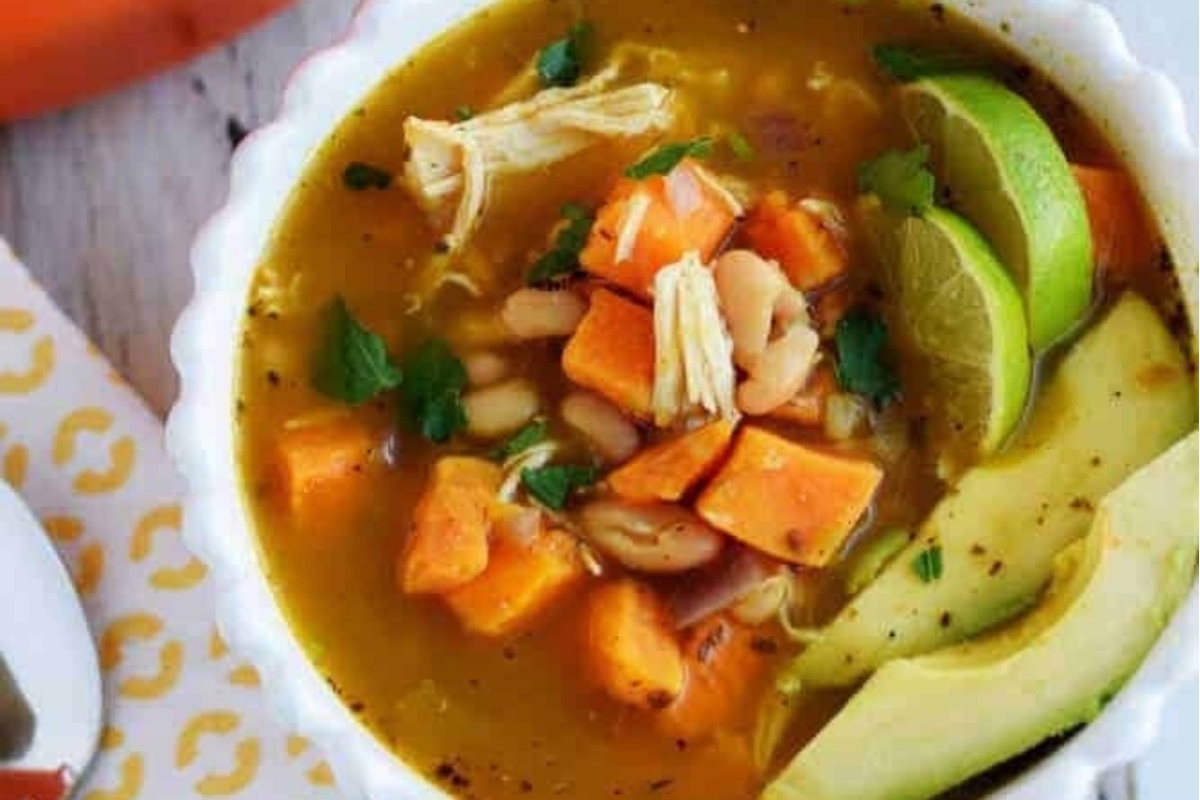 White chicken chili  with chunks of sweet potatoes.