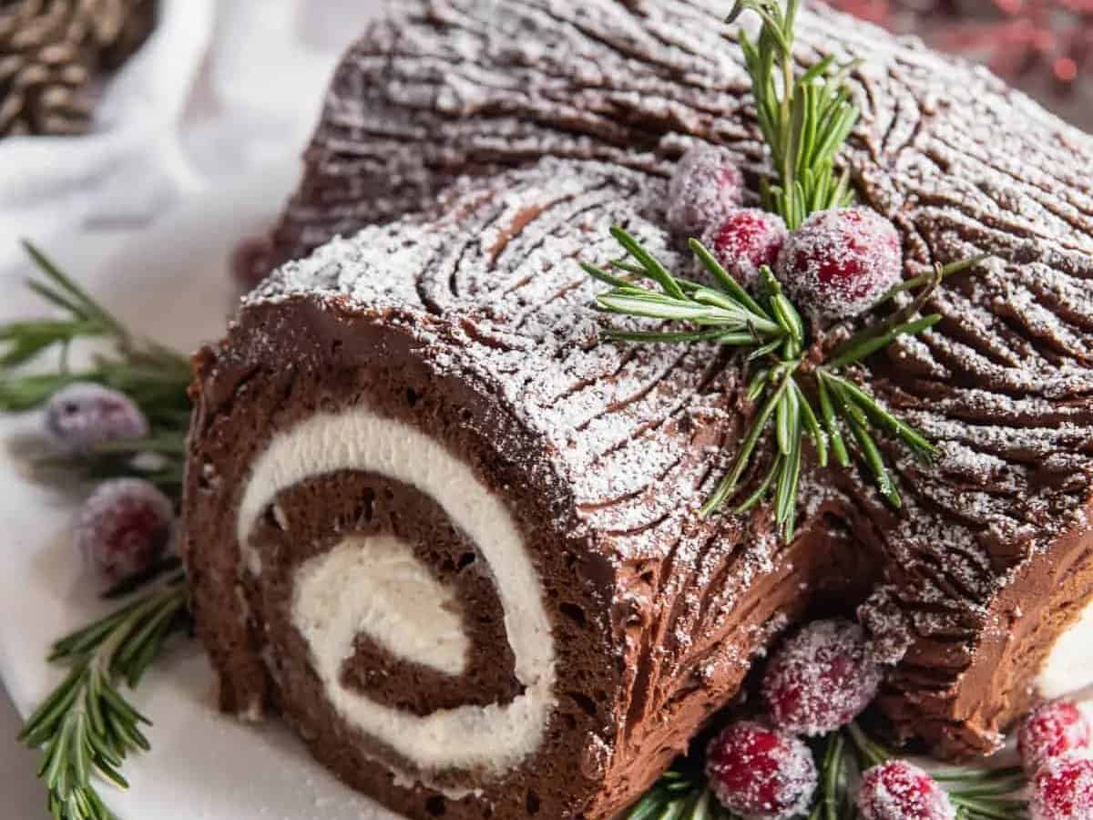 Yule Log Cake with Christmas decorations.