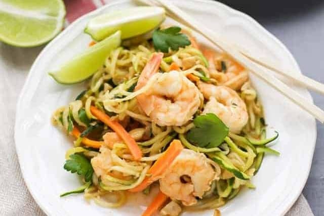 Zucchini noodles with shrimp on a plate.