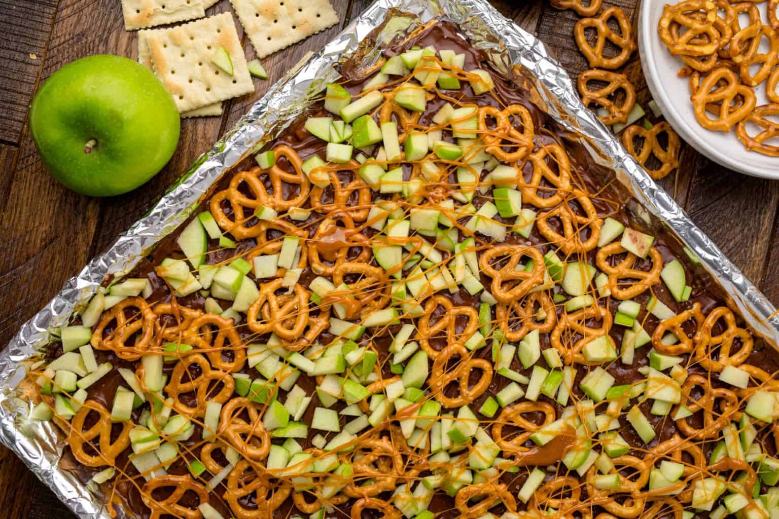 caramel crack with pretzels on a sheet pan.