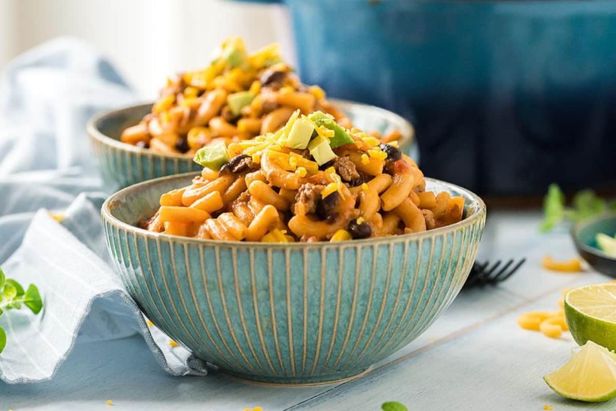 Yummy taco pasta in a bowl.