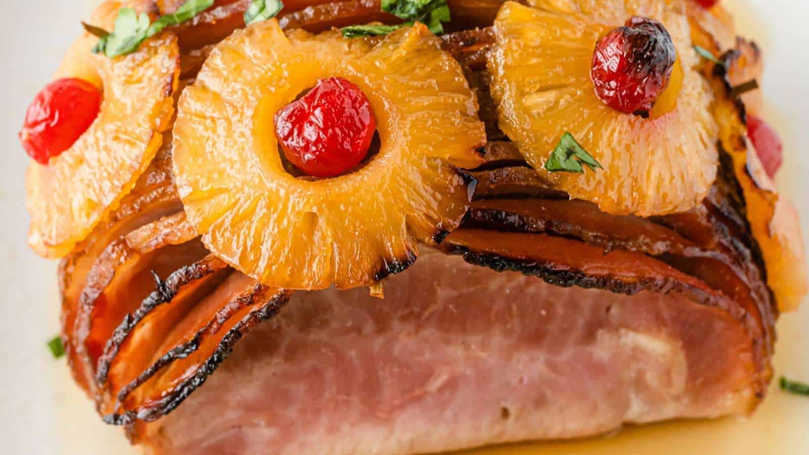A ham with pineapples and cherries on top.