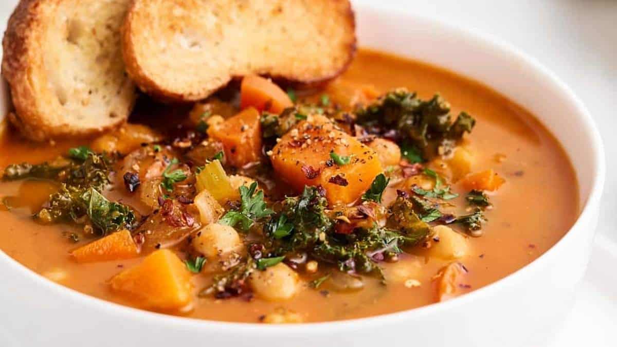 A flavorful soup recipe featuring a delicious combination of bread and kale.
