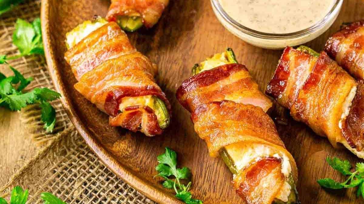 Shared bacon wrapped zucchini on a wooden plate.