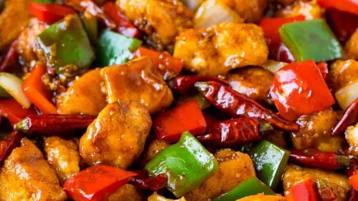 Chinese chicken stir fry with peppers and onions.