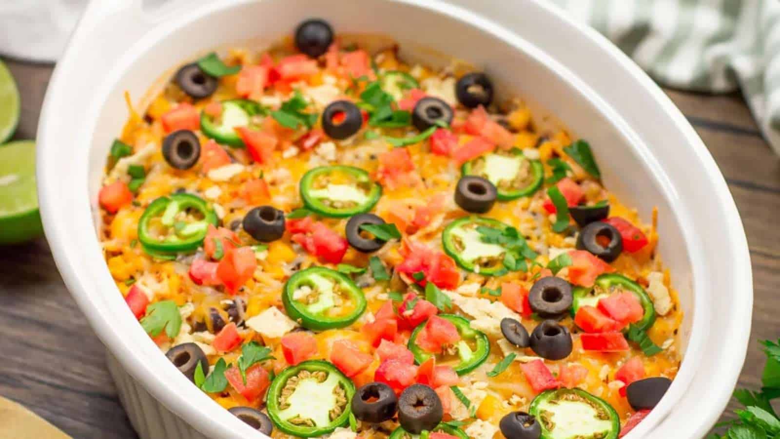Mexican casserole in a white baking dish.