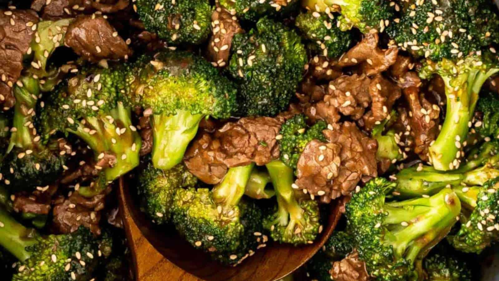 Stir fried broccoli with beef and sesame seeds.