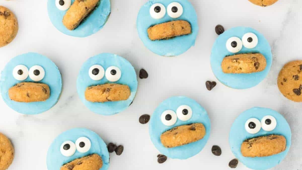 Shared cookie monster cookies with chocolate chips.