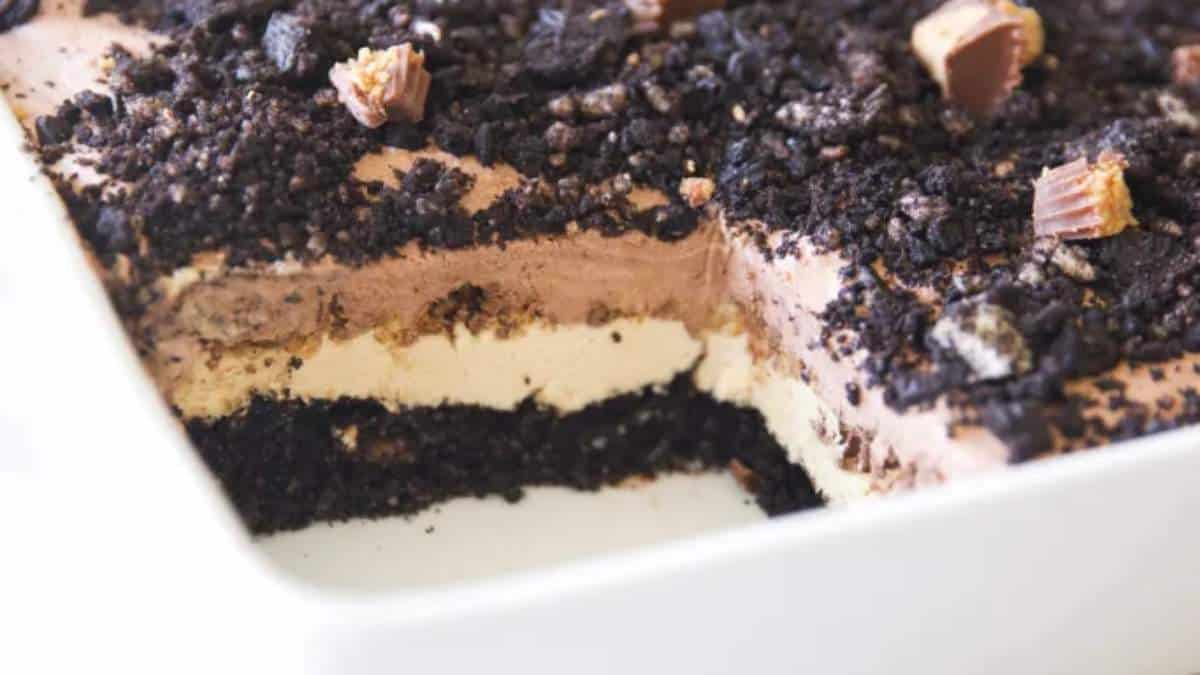 A no-bake, round up of an oreo ice cream dessert, shared in a white dish.