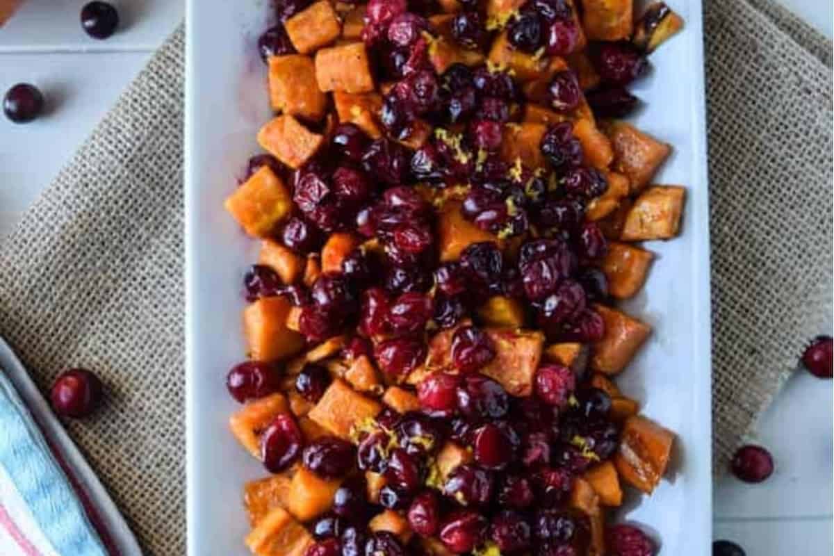 Roasted sweet potatoes with cranberries.