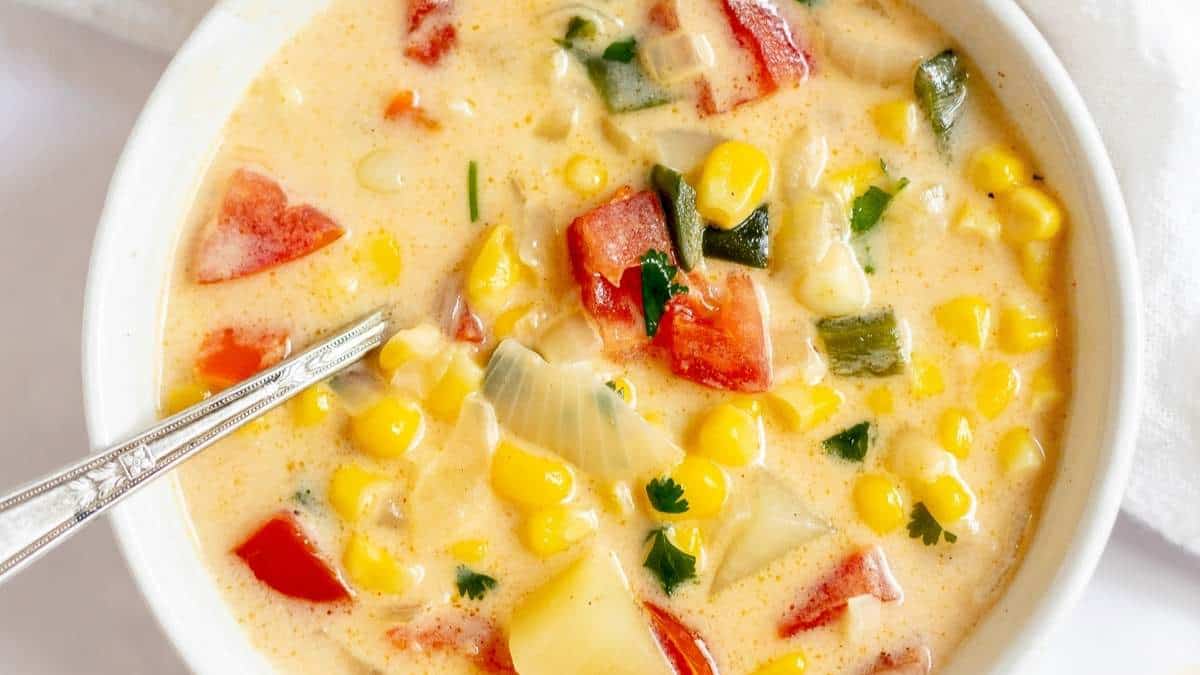 Recipe: Corn and Vegetable Chowder in a White Bowl