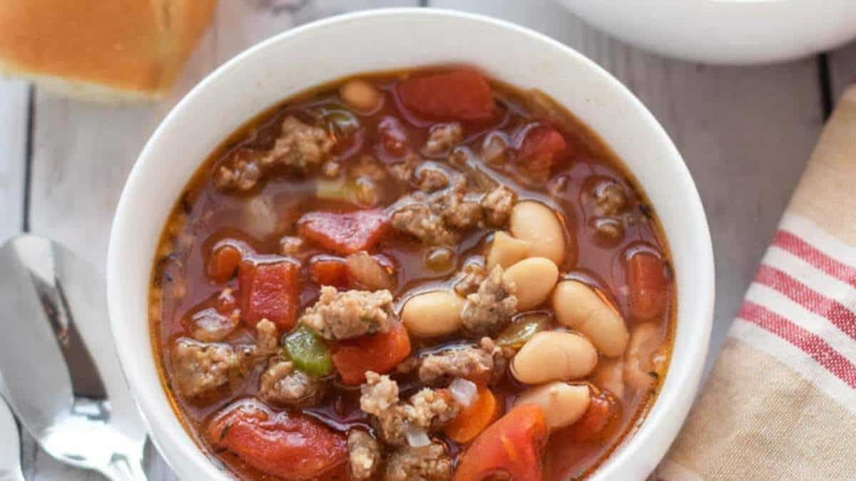 A hearty bowl of chili - a flavorful soup filled with tender meat and savory beans.
